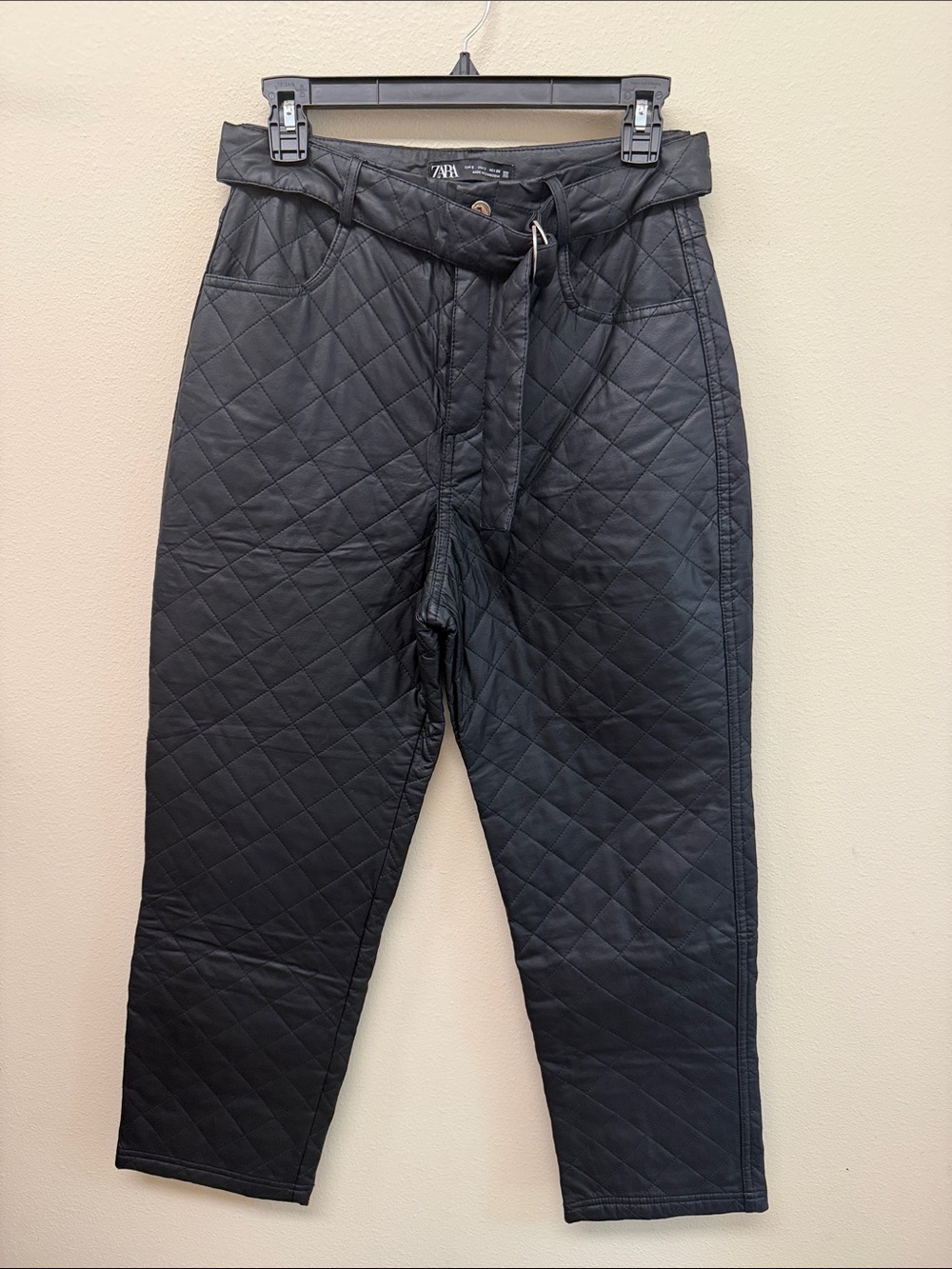 Zara Black Quilted High-Waist Cargo Trousers with Belt